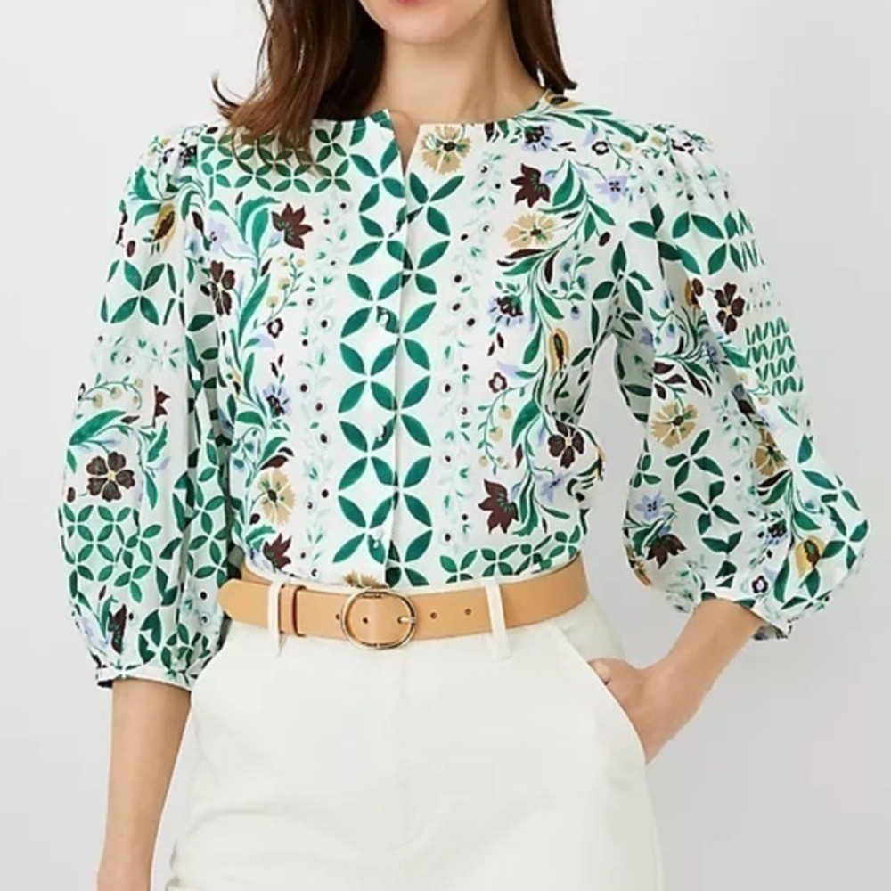 Ann Taylor floral maze pleated puff sleeve top